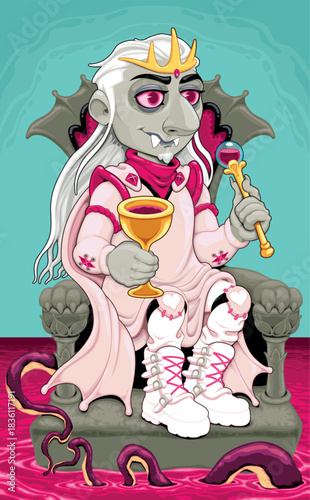 Horror cartoon version of the King of Cups. Vector illustration.
