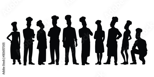 Dynamic team of diverse chefs in silhouette ready to prepare delicious meals