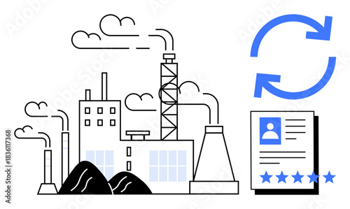 Factory emitting smoke with renewable energy and profile evaluation icons. Ideal for eco-industrial themes, sustainability, HR processes, biography updates, environmental impact, automation, identity