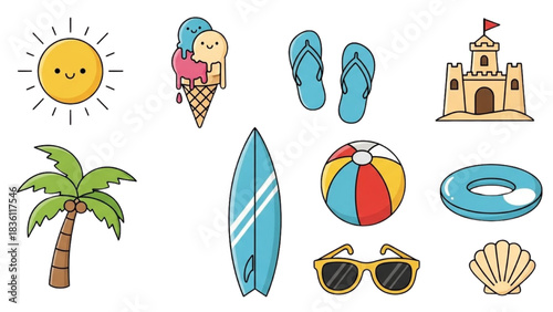 Summer Vacation Icons Sun, Ice Cream, Beach Essentials, and More in a Cute Set