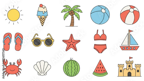 Diverse set of joyful summer icons representing beach activities and tropical vacation elements for an unforgettable holiday