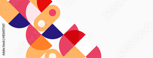 Abstract geometric shapes overlap, creating vibrant color blocks. Pink, orange, purple hues dominate white background. Modern design.