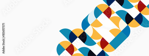 Abstract geometric pattern. Circles overlap creating colorful design. Modern aesthetic, clean lines, minimalist style. Bright hues dominate composition.