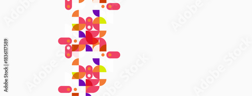 Abstract colorful shapes cascade down white background. Geometric forms create dynamic visual pattern. Bright hues dominate composition.