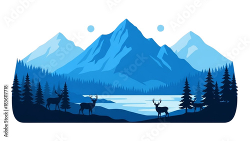 Serene Mountain Landscape with Deer in a Peaceful Forest Setting