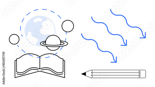 Education, creativity, knowledge transfer, science, space exploration, writing. Open book with planet and orbit lines, pencil and arrows idea flow. Education and creativity concept