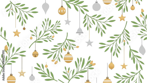 Festive Christmas baubles and green leaves on a white background