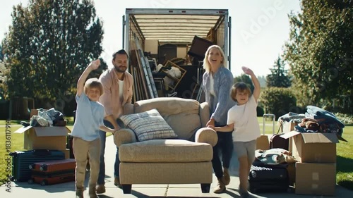 Family unloads furniture from moving truck on sunny day