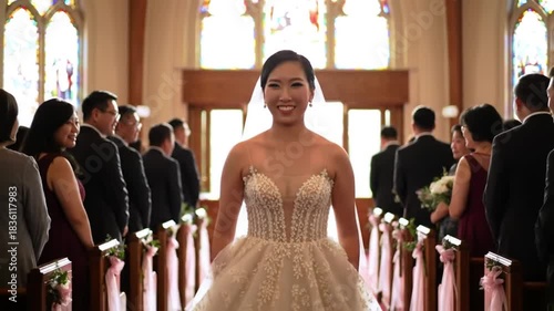 Elegant bride in wedding gown walks down aisle smiling at ceremony