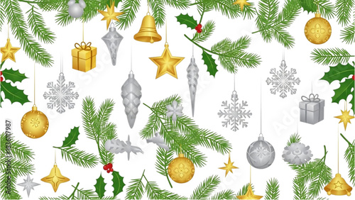 Festive Holiday Christmas Decoration Seamless Pattern with Ornaments and Greenery
