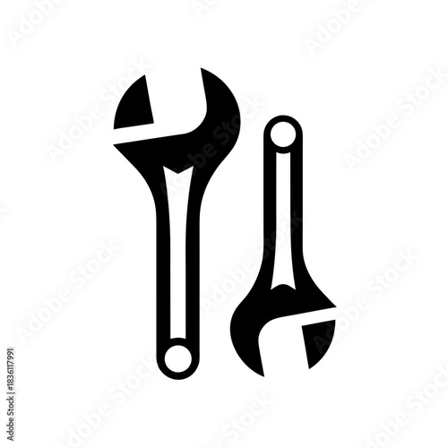 Two wrenches in black and white art on transparent background silhouette