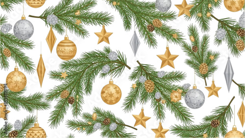 Festive Holiday Seamless Pattern with Evergreen Branches Adorned with Glittering Ornaments and Pinecones, Perfect for Winter Celebrations