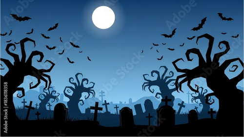 Spooky Halloween Cemetery at Night with Full Moon and Flying Bats