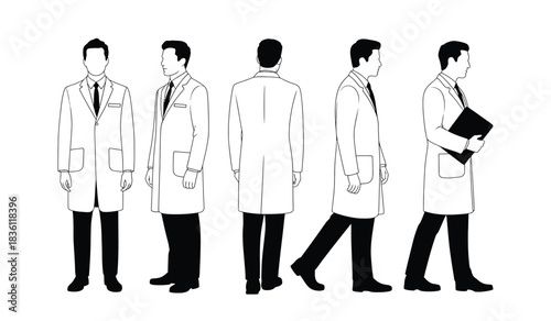 Professional male doctor poses showing front side and back views clearly
