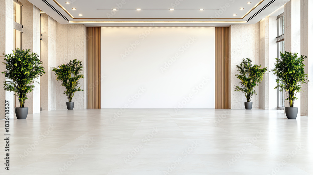Obraz premium Modern minimalist event hall with blank white wall and potted plants creating calm atmosphere