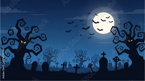 Spooky Halloween night background with haunted trees and tombstones in a dark cemetery