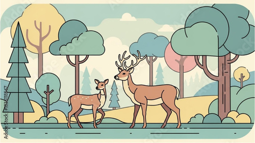 A stylized flat line illustration of a deer and fawn in a tranquil forest landscape