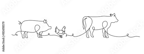 Single continuous line drawing of the Pigs, chickens and geese on the farm. Successful farming minimalism concept. Dynamic one line draw graphic design vector illustration
