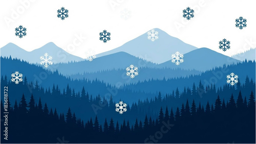 Peaceful winter landscape with layered blue mountains and falling snow over a dense pine forest
