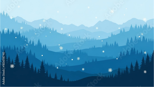 Blue Winter Mountain Landscape with Snowflakes and Forest Vector Art