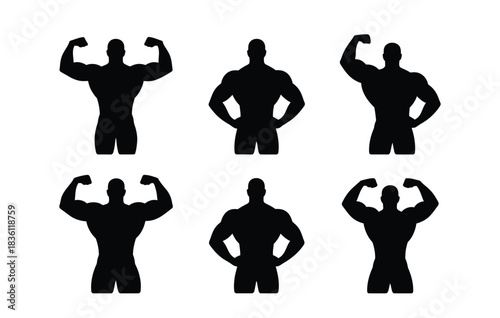 Powerful athlete silhouettes showing various flexing poses for fitness branding