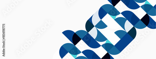 Abstract blue shapes overlap, creating dynamic pattern. White background provides clean contrast, modern aesthetic.