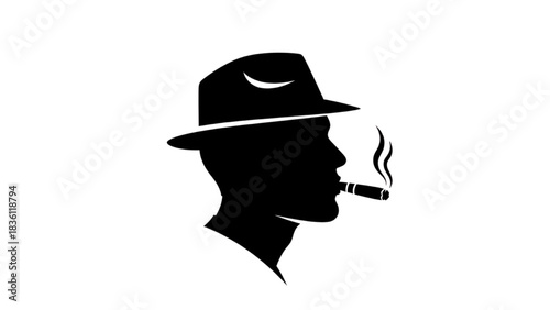 Classic silhouette of a refined man in a fedora, smoking a cigar with an air of vintage mystery and timeless style