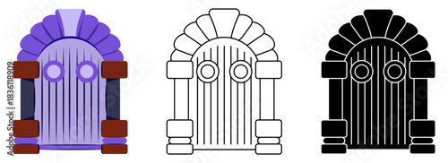 Rustic wooden medieval castle doors isolated vector illustration