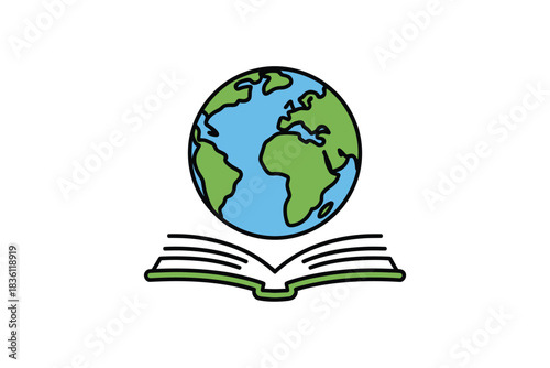 Globe on an open book vector illustration symbolizing education and global learning isolated on white background