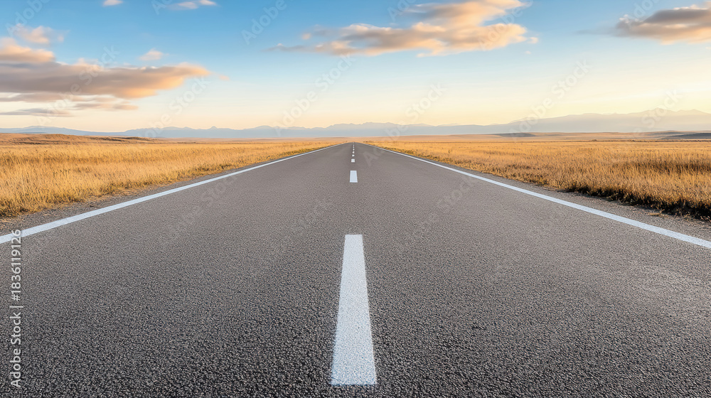 Obraz premium Empty road leading to distant horizon with golden field and sunrise sky