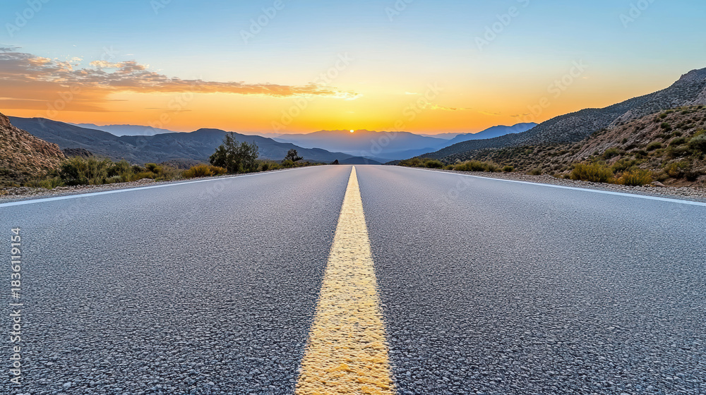 Fototapeta premium Empty road glowing at dawn smooth asphalt center line leading toward sunrise