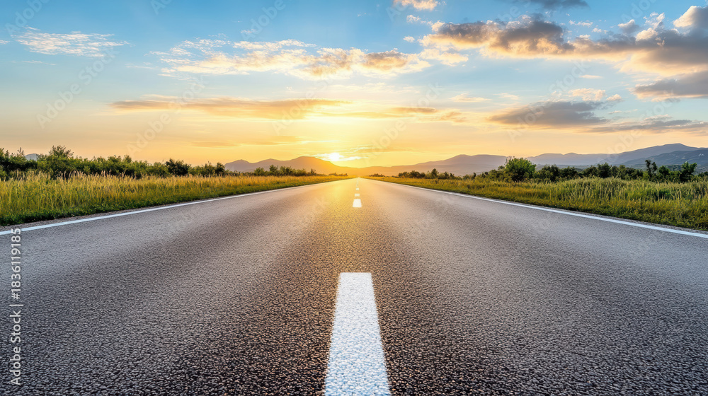 Naklejka premium Empty road at sunrise leading toward distant hills with warm glowing sky
