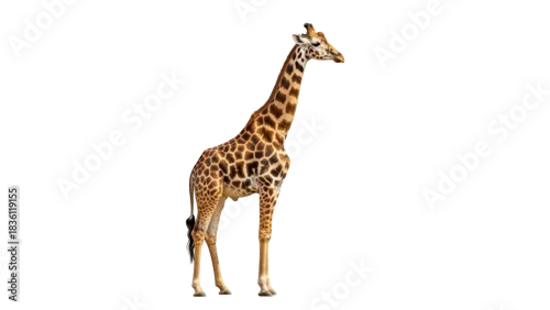 Obraz Elegant giraffe standing isolated PNG on transparent background, tall African mammal with brown spots for wildlife and nature designs