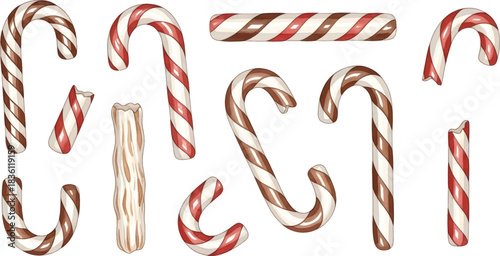 Vector Illustration Collection of Festive Red and White Striped Candy Canes