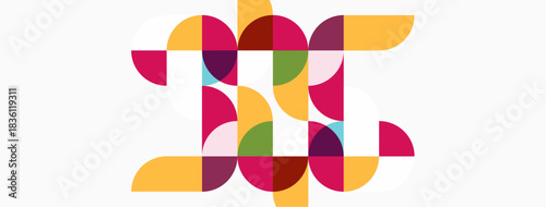 Abstract geometric design. Circles, semicircles create letterform. Warm colors dominate composition, modern aesthetic.