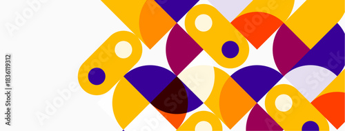Abstract geometric shapes overlap, creating vibrant pattern. Orange, purple, yellow dominate design. Minimalist aesthetic, modern feel.