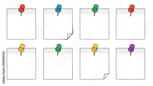 Collection of Eight Blank White Sticky Notes Pinned with Vibrant Colorful Thumbtacks, Ready for Your Message