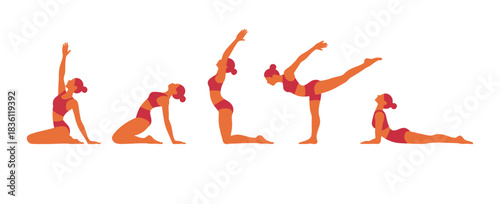 Dynamic sequence of woman performing five beautiful yoga poses in fitness wear