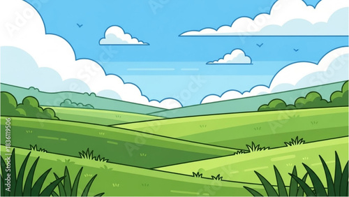 Vibrant Cartoon Landscape Rolling Green Hills, Blue Sky, and Fluffy Clouds, a Peaceful Nature Illustration