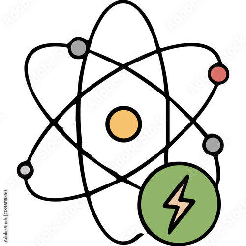 Abstract representation of atomic structure with orbiting electrons and a green circle containing a lightning bolt symbolizing energy or power on a black background