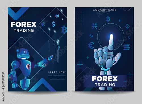 AI-Powered Automated Forex Trading Robots and Digital Interface Posters while the second shows a robotic hand interacting with a glowing digital trading interface