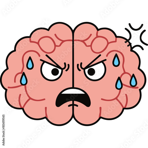 An angry pink brain character with sweat droplets and furrowed brows expressing frustration and stress against a black background with stylized anger lines above its head