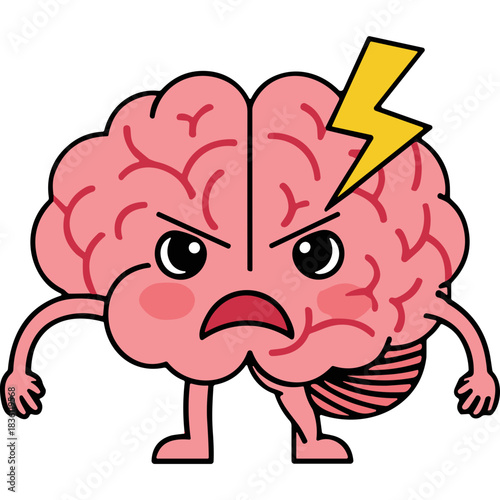 Angry Pink Brain Character With Lightning Bolt Above Head Expressing Frustration And Pain Representing Stress Or Headache In A Cartoon Style With Simple Design And Black Background