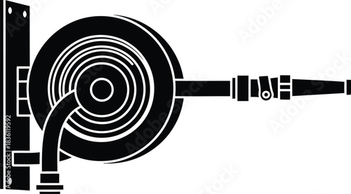 Black and white silhouette icon of a fire hose reel mounted on a wall, symbolizing emergency equipment and fire safety in a clean graphic style