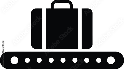 Black and white icon silhouette of a suitcase or luggage bag moving along an airport baggage claim conveyor belt
