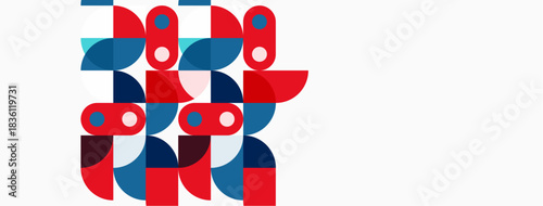 Abstract geometric shapes, red, blue, white. Overlapping circles create dynamic composition. Minimalist design, modern aesthetic.