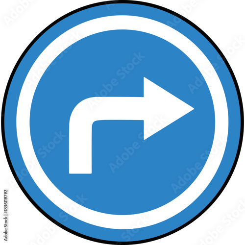 Blue Circular Traffic Sign Indicating A Right Turn Ahead With A White Arrow Against A Solid Blue Background With White Border