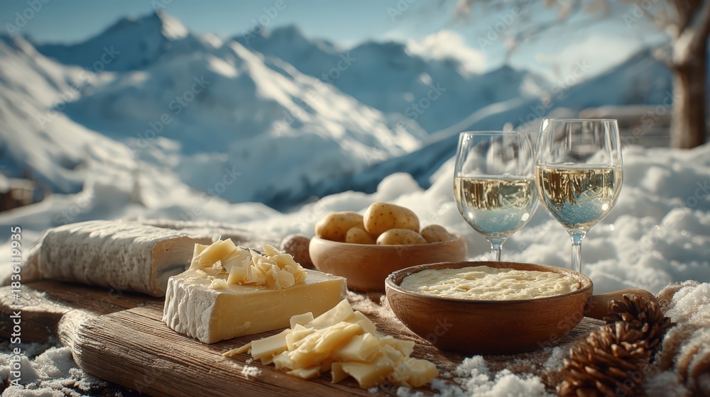 Fototapeta premium Alpine raclette dining with white wine in snow