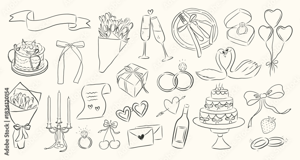 Obraz premium romantic doodle clipart set features hand-drawn wedding and Valentine’s Day elements, including rings, cakes, flowers, swans, balloons, champagne glasses, gifts, bows, candles, envelopes, and decorati
