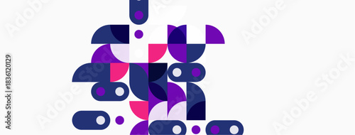 Abstract geometric shapes, purple hues dominate design. Circles, squares, curves create modern composition. Minimalist style, clean aesthetic.